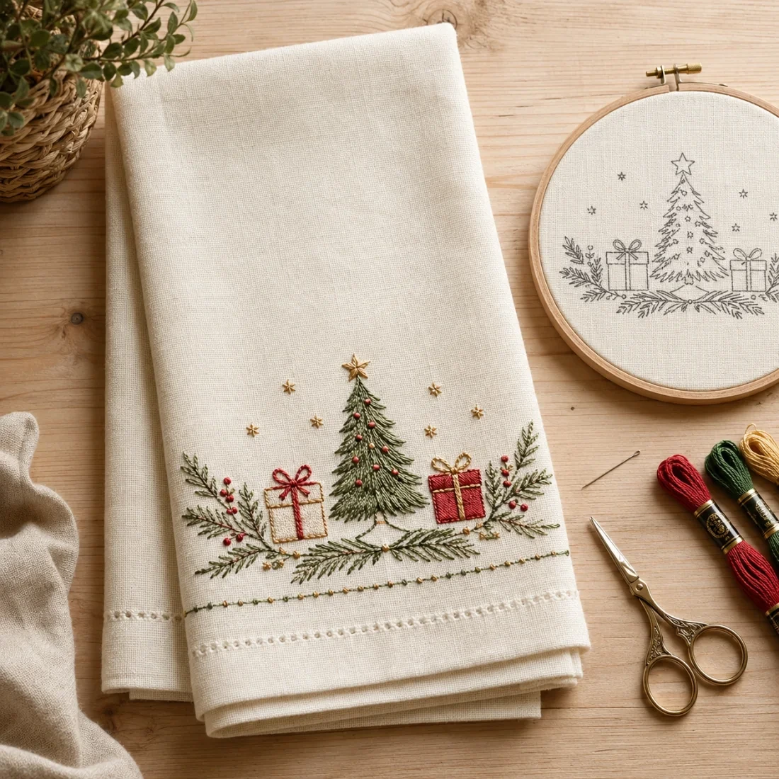 Persona bordando un diseño navideño